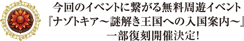 今回のイベントに繋がる無料周遊イベント
『ナゾトキア～謎解き王国への入国案内～』
一部復刻開催中！
