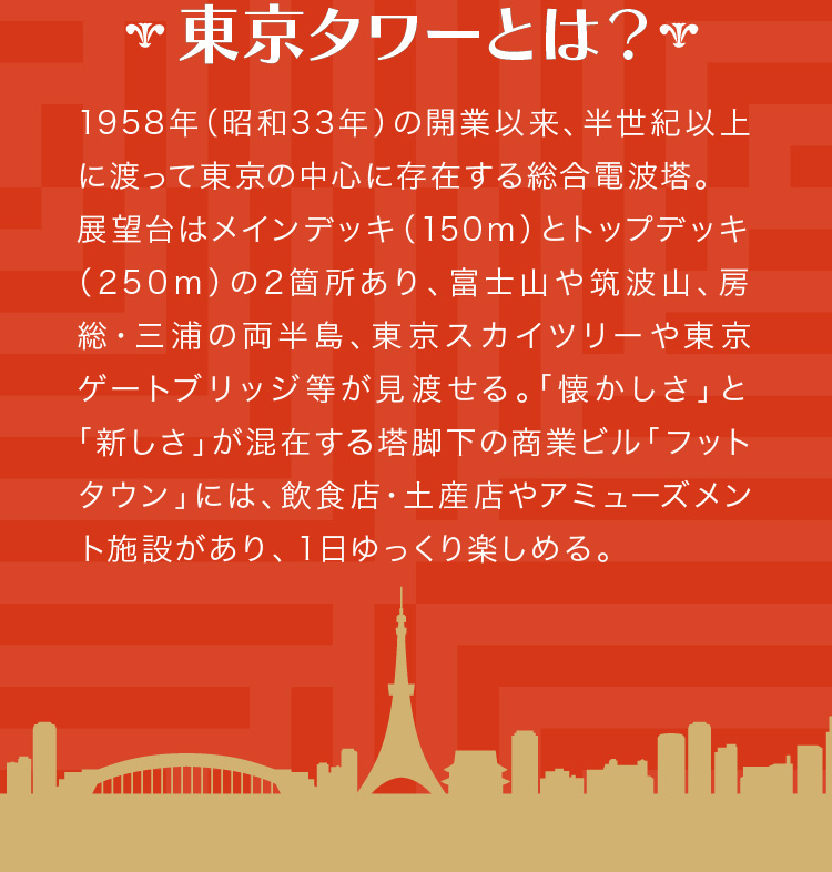 東京タワーとは？1958年（昭和33年）の開業以来、半世紀以上に渡って東京の中心に存在する総合電波塔。展望台はメインデッキ（150m）とトップデッキ（250m）の2箇所あり、富士山や筑波山、房総・三浦の両半島、東京スカイツリーや東京ゲートブリッジ等が見渡せる。「懐かしさ」と「新しさ」が混在する塔脚下の商業ビル「フットタウン」には、飲食店・土産店やアミューズメント施設があり、１日ゆっくり楽しめる。
