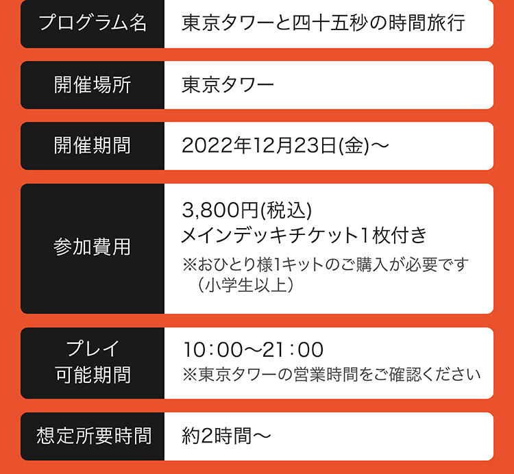 プログラム名　東京タワーと四十五秒の時間旅行　開催場所　東京タワー　開催期間　2022年12月23日(金)～　参加費用　3,500円(税込)メインデッキチケット１枚付き　プレイ可能期間　10：00～21：00※東京タワーの営業時間をご確認ください　想定所要時間　約2時間～