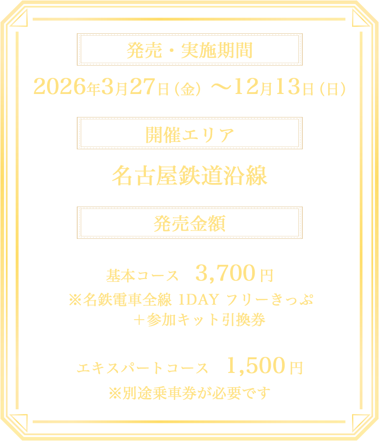 開催期間2026年3月27日（金）～12月13日（日）、開催場所名古屋鉄道沿線、参加費用基本コース 3,700円 ※1日乗車券つき、エキスパートコース 1,500円※1日乗車券なし