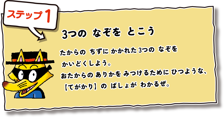 ステップ１　3つのなぞをとこう たからのちずにかかれた3つの なぞをかいどくしよう。おたからの ありかを みつけるために ひつような、【てがかり】のばしょがわかるぜ。